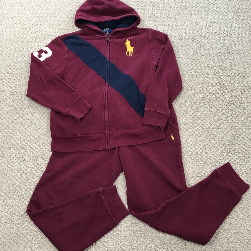 Polo Ralph Lauren Boys Big Pony Tracksuit Set Burgundy Maroon Hoodie Joggers L
